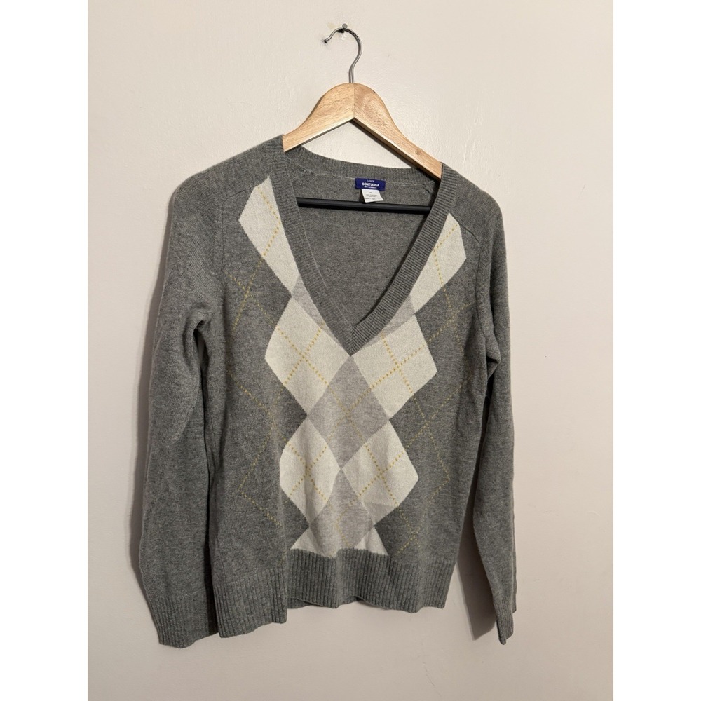 J.Crew Women's Gray Argyle V-Neck Sontuosa Sweater 100% Cashmere Academia Y2K M
